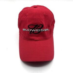 VERY NICE RED BUDWEISER BEER HAT STRAPBACK ADJUSTABLE VERY GOOD CONDITION